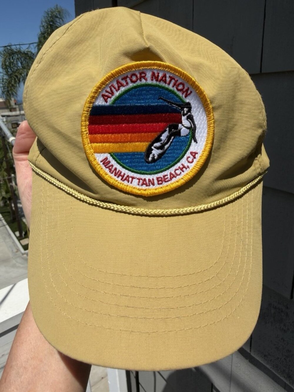 Aviator Nation khaki yellow Manhattan Beach California patch snapback beach